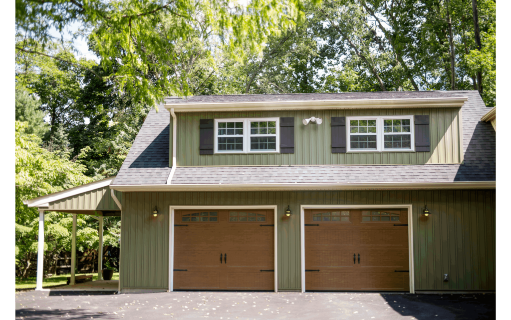 Two-door garage addition on green home