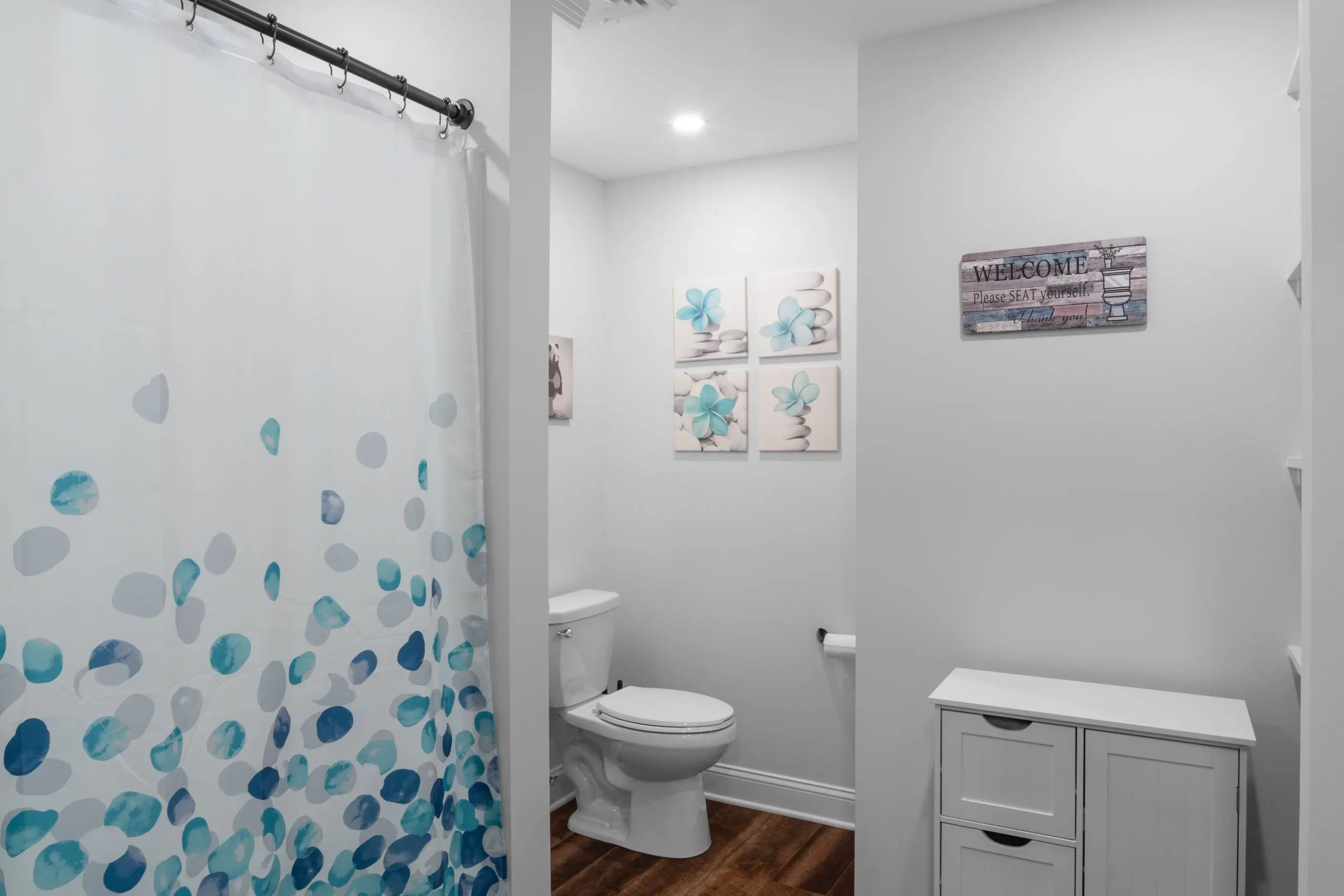 A bathroom redesign with white walls and wood vinyl floors.