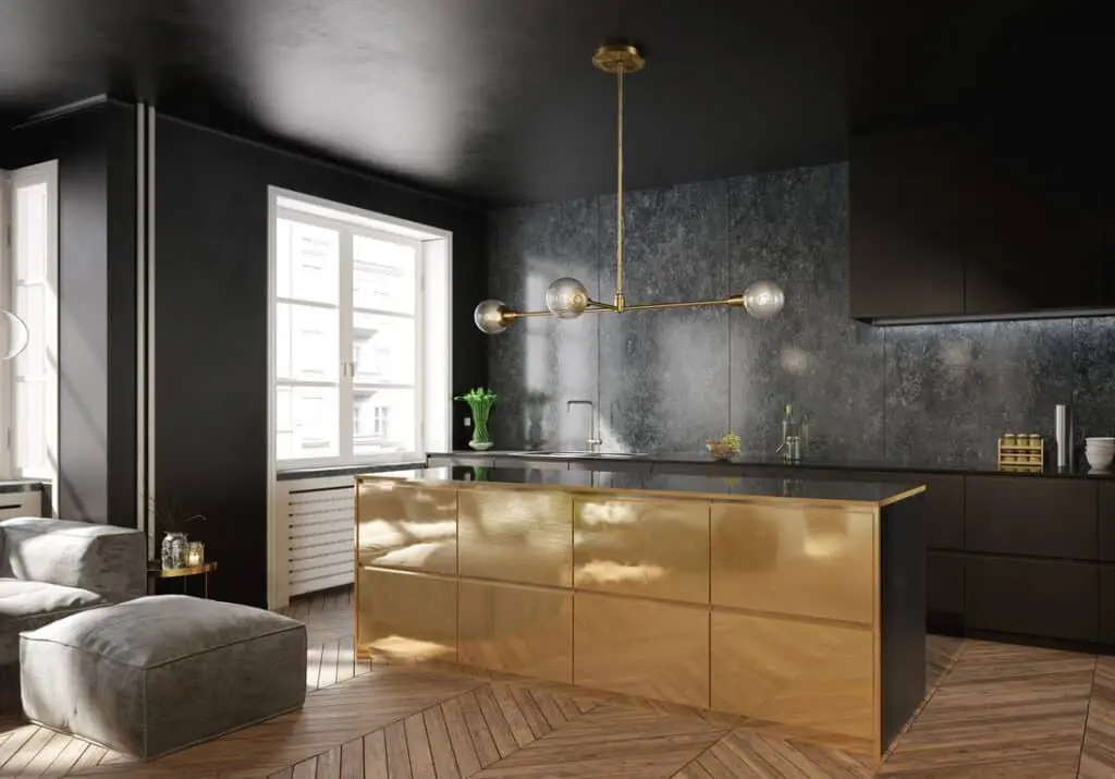 Art deco kitchen with black ceiling and black tile walls, large woodgrain island with black countertop, woodgrain herringbone style flooring.