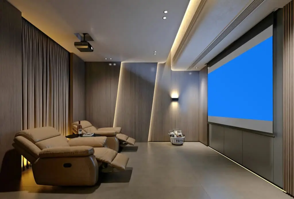 Home theater room with recliners and a projector