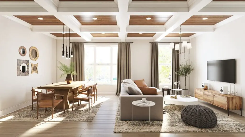 Coffered ceiling in an open-concept dining room and living room with wood floors and large windows on far wall.