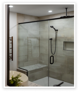 luxury bathroom renovation glass shower with black finishes recess lighting