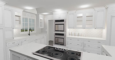 white kitchen remodel with electric range on island