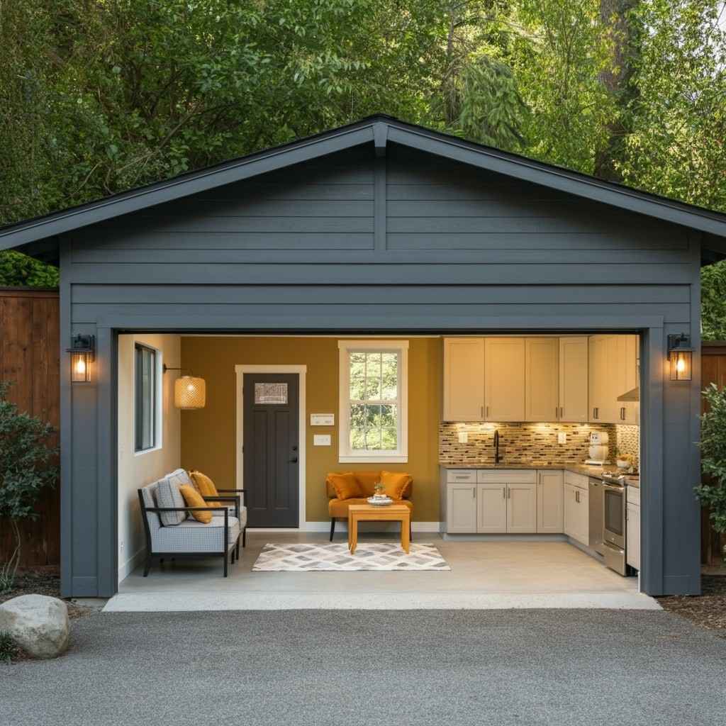A renovated walk-in shower with tan brushed tile and granite bench.